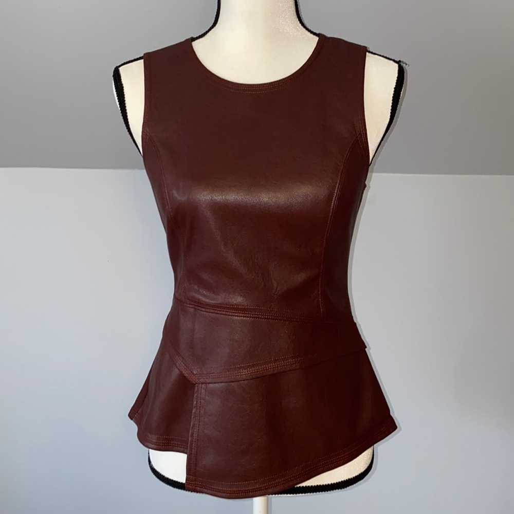 BCBG Bittersweet Chocolate Faux Leather Sleeveless Peplum Top